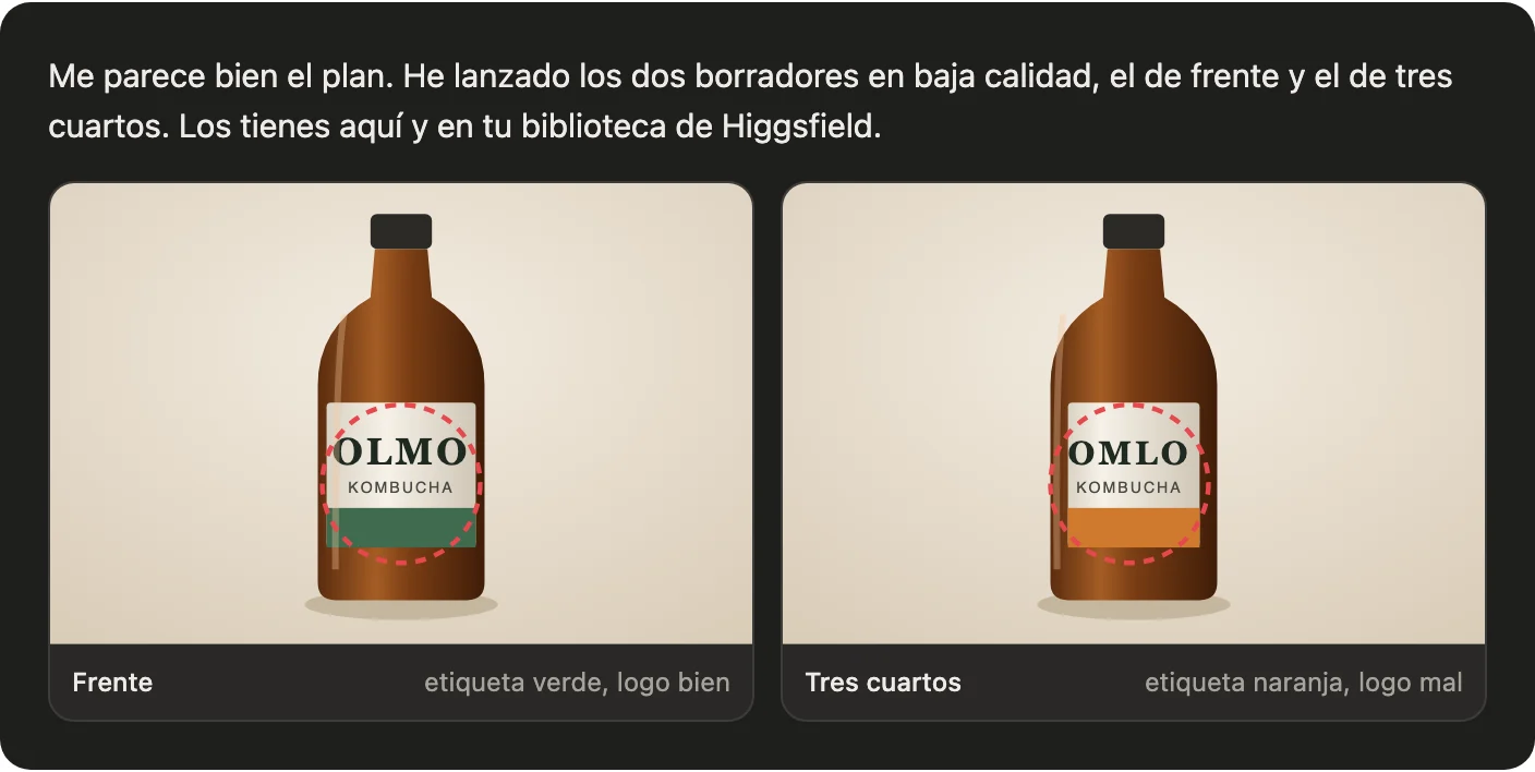Respuesta de Claude con los dos borradores de la botella: de frente con etiqueta verde y el logo OLMO bien escrito; en tres cuartos con etiqueta naranja y el logo mal escrito, OMLO
