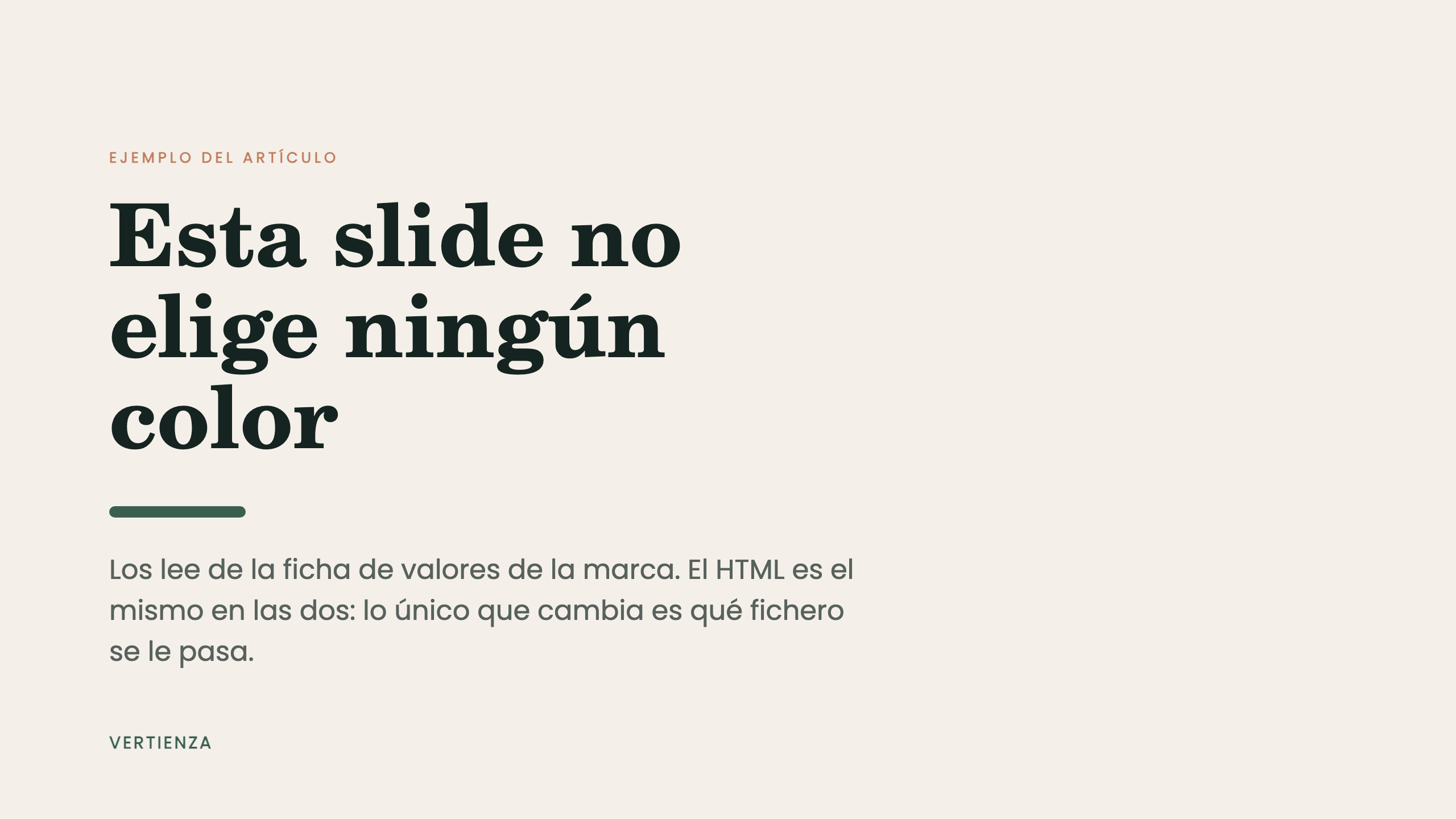 Slide con fondo crema, titular en serif verde oscuro y etiqueta en cobre